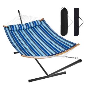 VEVOR Two Person Hammock with Stand Included, Double Hammock with Curved Spreader Bar and Detachable Pillow and Portable Carrying Bag, Perfect for Out (Type of Support: T Type, Color: Blue & White)