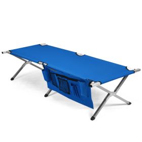 Folding Portable Camping Cot with Carrying Bag and Side Pockets (Color: Blue)